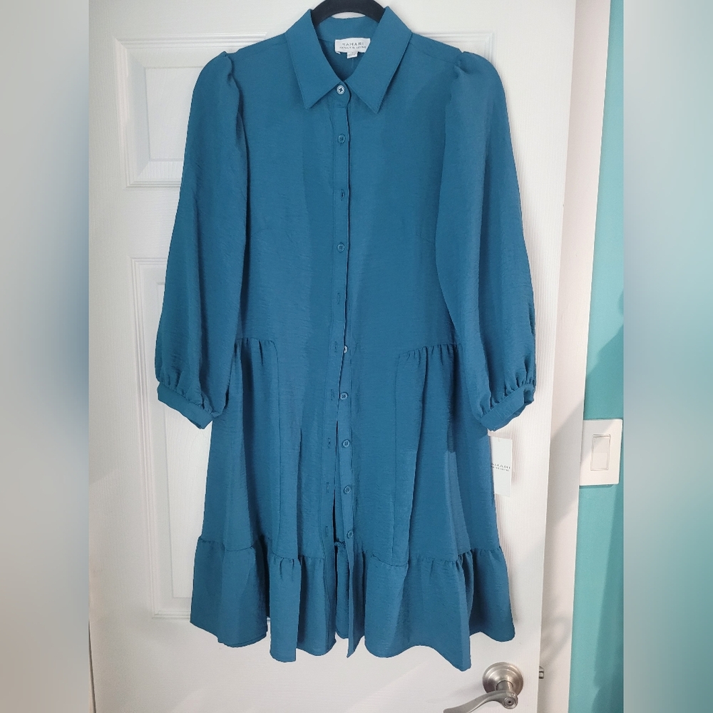 Tahari 3/4 sleeve knee length blue shirt dress sz 4